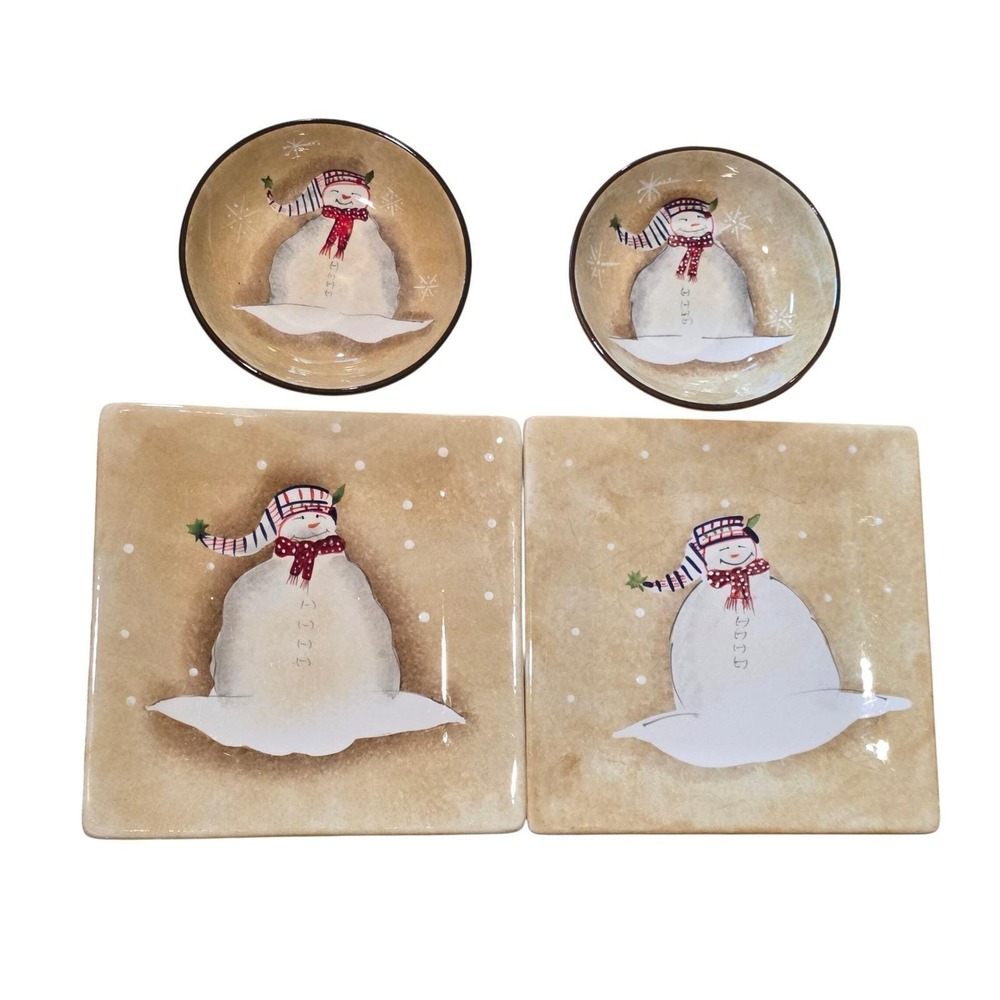 Oneida Snowmates Christmas Serveware, 4pc Set 2 Plates 2 Bowls, Festive Table